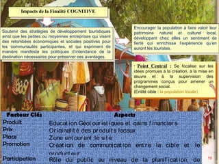 Impacts de la Finalité COGNITIVE
          Impacts de la Finalité COGNITIVE


                                                            Encourager la population ààfaire valoir leur
                                                              Encourager la population faire valoir leur
Soutenir des stratégies de développement touristiques
 Soutenir des stratégies de développement touristiques      patrimoine naturel et culturel local,
ainsi que les petites ou moyennes entreprises qui visent      patrimoine naturel et culturel local,
 ainsi que les petites ou moyennes entreprises qui visent   développant chez elles un sentiment de
                                                              développant chez elles un sentiment de
des retombées économiques et sociales positives pour
 des retombées économiques et sociales positives pour       fierté qui enrichisse l’expérience qu’en
les communautés participantes, et qui expriment de            fierté qui enrichisse l’expérience qu’en
 les communautés participantes, et qui expriment de         auront les touristes.
                                                              auront les touristes.
manière manifeste les politiques d’intendance de la
 manière manifeste les politiques d’intendance de la
destination nécessaires pour préserver ces avantages.
 destination nécessaires pour préserver ces avantages.
                                                            •
                                                                •   Point Central : : Se focalise sur les
                                                                     Point Central Se focalise sur les
                                                            idées promues ààla création, ààla mise en
                                                             idées promues la création, la mise en
                                                            œuvre et àà la supervision des
                                                             œuvre et              la supervision des
                                                            programmes conçus pour amener un
                                                             programmes conçus pour amener un
                                                            changement social.
                                                             changement social.
                                                            (Entité cible : :la population locale)
                                                             (Entité cible la population locale)




 Facteur Clés                                      Aspects
Produit                 Educat ion Géot our ist iques et gains f inancier s
Prix                    Or iginalit é des pr oduit s locaux
Place                   Zone ent our ant le sit e
Promotion               Cr éat ion de communicat ion ent r e la cible et le
                        pr oduct eur
Participation           Rôle du public au niveau de la planif icat ion, de                           19
 