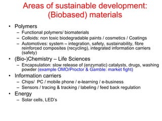 Areas of sustainable development: (Biobased) materials Polymers Functional polymers/ biomaterials Colloids: non toxic biodegradable paints / cosmetics / Coatings Automotives: system – integration, safety, sustainability, fibre reinforced composites (recycling), integrated information carriers (safety) (Bio-)Chemistry – Life Sciences Encapsulation: slow release of (enzymatic) catalysts, drugs, washing powder  (example OMO/Proctor & Gamble: market fight) Information carriers Chips/  PC / mobile phone / e-learning / e-business Sensors / tracing & tracking / labeling / feed back regulation Energy Solar cells, LED’s 