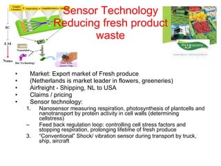 Sensor Technology Reducing fresh product waste Market: Export market of Fresh produce  (Netherlands is market leader in flowers, greeneries) Airfreight - Shipping, NL to USA Claims / pricing Sensor technology:  Nanosensor measuring respiration, photosynthesis of plantcells and nanotransport by protein activity in cell walls (determining cellstress)  Feed back regulation loop: controlling cell stress factors and stopping respiration, prolonging lifetime of fresh produce “ Conventional” Shock/ vibration sensor during transport by truck, ship, aircraft 