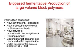Biobased fermentative Production of large volume block polymers Valorisation conditions New raw material (biobased) New processing technology (de-)Investment cycle New networks:  Chemical industry – agriculture Existing product Existing market demand, end-users and sales organisation DSM:  wanting her first success example of DSM - Gist 