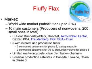 Fluffy Flax Market: World wide market (substitution up to 2 %) 10 main customers (Producers of nonwovens, 200 small ones in total) DuPont, Kimberley-Clark, Hoechst,  Akzo Nobel ,  Lantor , Dexter, BBA,  Freudenberg ,  PGI ,  SCA - Duni   5 with interest and production trials:  3 contracted customers for phase 2, startup capacity  3 contracted customers for 70 % production volume for phase 3 Limited marketing costs, clear distribution channels Possible production satellites in Canada, Ukraine, China in phase 3 