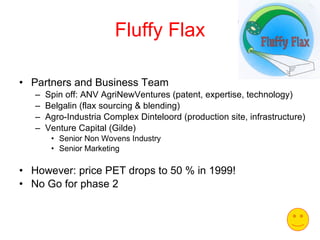 Fluffy Flax Partners and Business Team  Spin off: ANV AgriNewVentures (patent, expertise, technology) Belgalin (flax sourcing & blending) Agro-Industria Complex Dinteloord (production site, infrastructure) Venture Capital (Gilde)  Senior Non Wovens Industry Senior Marketing However: price PET drops to 50 % in 1999! No Go for phase 2 