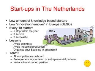 Start-ups in The Netherlands Low amount of knowledge based starters Low “innovation turnover” in Europe (OESO) Every 10 starters 5 stop within the year 3 survive 2 successful Lessons Avoid scientists Avoid Industrial production Organise your Scale up in advance!!!  Team!! All competences on board Entrepreneur in your team or entrepreneurial partners Not a scientist on top position Uni 