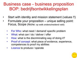 Business case - business proposition BOP: bedrijfsontwikkelingsplan Start with identity and mission statement (values !!) Formulate your proposition – unique selling point: Focus, Scope  (Niche:  op welk onderscheidend veld) For Who : what need / demand/ specific problem What : what can I do / deliver / offer How : what is the discriminating way of doing it? Proof of concept : what piece of evidence, experience, competences to proof my abilities Licence  to produce / operate  