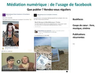 Que publier ? Rendez-vous réguliers
Bookfaces
Coups de cœur : livre,
musique, cinéma
Publications
récurrentes
...
Médiation numérique : de l'usage de facebook
 