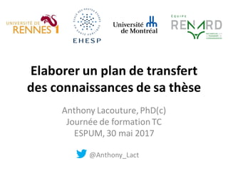 Elaborer un plan de transfert
des connaissances de sa thèse
Anthony Lacouture,PhD(c)
Journée de formation TC
ESPUM, 30 mai 2017
@Anthony_Lact
 
