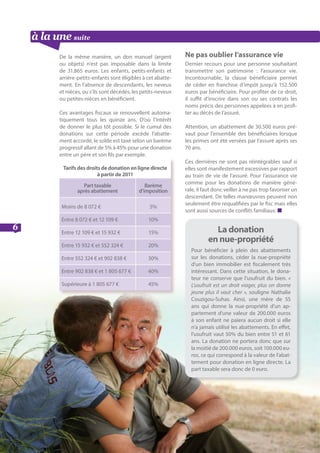 à la une suite
6
De la même manière, un don manuel (argent
ou objets) n’est pas imposable dans la limite
de 31.865 euros. Les enfants, petits-enfants et
arrière-petits-enfants sont éligibles à cet abatte-
ment. En l’absence de descendants, les neveux
et nièces, ou s’ils sont décédés, les petits-neveux
ou petites-nièces en bénéficient.
Ces avantages fiscaux se renouvellent automa-
tiquement tous les quinze ans. D’où l’intérêt
de donner le plus tôt possible. Si le cumul des
donations sur cette période excède l’abatte-
ment accordé, le solde est taxé selon un barème
progressif allant de 5% à 45% pour une donation
entre un père et son fils par exemple.
Tarifsdesdroitsdedonationenlignedirecte
àpartirde2011
Part taxable
après abattement
Barème
d’imposition
Moins de 8 072 € 5%
Entre 8 072 € et 12 109 € 10%
Entre 12 109 € et 15 932 € 15%
Entre 15 932 € et 552 324 € 20%
Entre 552 324 € et 902 838 € 30%
Entre 902 838 € et 1 805 677 € 40%
Supérieure à 1 805 677 € 45%
Ne pas oublier l’assurance vie
Dernier recours pour une personne souhaitant
transmettre son patrimoine : l’assurance vie.
Incontournable, la clause bénéficiaire permet
de céder en franchise d’impôt jusqu’à 152.500
euros par bénéficiaire. Pour profiter de ce droit,
il suffit d’inscrire dans son ou ses contrats les
noms précis des personnes appelées à en profi-
ter au décès de l’assuré.
Attention, un abattement de 30.500 euros pré-
vaut pour l’ensemble des bénéficiaires lorsque
les primes ont été versées par l’assuré après ses
70 ans.
Ces dernières ne sont pas réintégrables sauf si
elles sont manifestement excessives par rapport
au train de vie de l’assuré. Pour l’assurance vie
comme pour les donations de manière géné-
rale, il faut donc veiller à ne pas trop favoriser un
descendant. De telles manœuvres peuvent non
seulement être requalifiées par le fisc mais elles
sont aussi sources de conflits familiaux. ■
La donation
en nue-propriété
Pour bénéficier à plein des abattements
sur les donations, céder la nue-propriété
d’un bien immobilier est fiscalement très
intéressant. Dans cette situation, le dona-
teur ne conserve que l’usufruit du bien. «
L’usufruit est un droit viager, plus on donne
jeune plus il vaut cher », souligne Nathalie
Couzigou-Suhas. Ainsi, une mère de 55
ans qui donne la nue-propriété d’un ap-
partement d’une valeur de 200.000 euros
à son enfant ne paiera aucun droit si elle
n’a jamais utilisé les abattements. En effet,
l’usufruit vaut 50% du bien entre 51 et 61
ans. La donation ne portera donc que sur
la moitié de 200.000 euros, soit 100.000 eu-
ros, ce qui correspond à la valeur de l’abat-
tement pour donation en ligne directe. La
part taxable sera donc de 0 euro.
 
