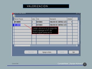 Contabilidad _Equipo Activos Fijos
VA LO R I Z AC I O N D E A C T I V O S
12
Luego ubicarse en la segunda
línea y agregar el N° de
Activo igual como en la
primera Línea
 
