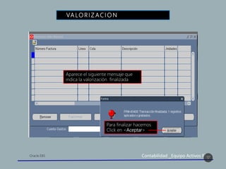 Contabilidad _Equipo Activos Fijos
VA LO R I Z AC I O N D E A C T I V O S
17
Aparece el siguiente mensaje que
indica la valorización finalizada
Para finalizar hacemos
Click en <Aceptar>
 