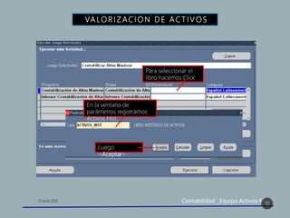 Contabilidad _Equipo Activos Fijos
VA LO R I Z AC I O N D E A C T I V O S
19
Para seleccionar el
libro hacemos Click
en
En la ventana de
parámetros registramos
Activos Hist.
Luego
<Aceptar>
 