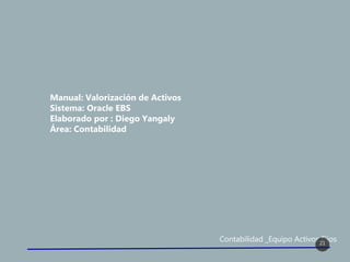 Contabilidad _Equipo Activos Fijos21
Manual: Valorización de Activos
Sistema: Oracle EBS
Elaborado por : Diego Yangaly
Área: Contabilidad
 