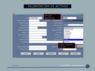 Contabilidad _Equipo Activos Fijos
VA LO R I Z AC I O N D E A C T I V O S
4
En Cola
registramos
Nuevo
Luego hacemos
Click en
<Aceptar>
 