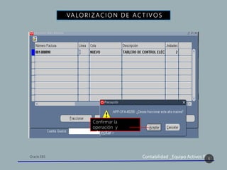 Contabilidad _Equipo Activos Fijos
VA LO R I Z AC I O N D E A C T I V O S
6
Confirmar la
operación y
<Aceptar>
 