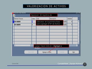 Contabilidad _Equipo Activos Fijos
VA LO R I Z AC I O N D E A C T I V O S
9
Aparecen 02 registros de
activos
Ubicarse en la primera línea
para agregar el N° de Activo
Luego hacer click en <Agregar a
Activo>
 