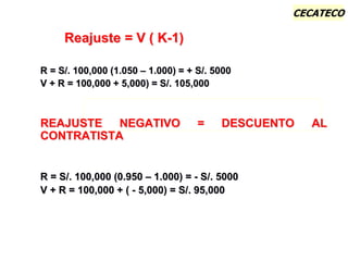 CECATECO
Reajuste = V ( K-1)
R = S/. 100,000 (1.050 – 1.000) = + S/. 5000
V + R = 100,000 + 5,000) = S/. 105,000
REAJUSTE NEGATIVO = DESCUENTO AL
CONTRATISTA
R = S/. 100,000 (0.950 – 1.000) = - S/. 5000
V + R = 100,000 + ( - 5,000) = S/. 95,000
 