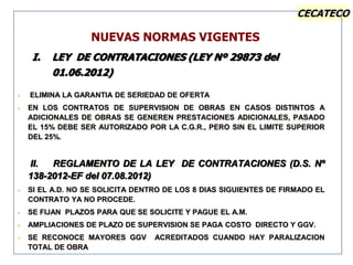 CECATECO
I. LEY DE CONTRATACIONES (LEY Nº 29873 del
01.06.2012)
NUEVAS NORMAS VIGENTES
 ELIMINA LA GARANTIA DE SERIEDAD DE OFERTA
 EN LOS CONTRATOS DE SUPERVISION DE OBRAS EN CASOS DISTINTOS A
ADICIONALES DE OBRAS SE GENEREN PRESTACIONES ADICIONALES, PASADO
EL 15% DEBE SER AUTORIZADO POR LA C.G.R., PERO SIN EL LIMITE SUPERIOR
DEL 25%.
II. REGLAMENTO DE LA LEY DE CONTRATACIONES (D.S. Nº
138-2012-EF del 07.08.2012)
 SI EL A.D. NO SE SOLICITA DENTRO DE LOS 8 DIAS SIGUIENTES DE FIRMADO EL
CONTRATO YA NO PROCEDE.
 SE FIJAN PLAZOS PARA QUE SE SOLICITE Y PAGUE EL A.M.
 AMPLIACIONES DE PLAZO DE SUPERVISION SE PAGA COSTO DIRECTO Y GGV.
 SE RECONOCE MAYORES GGV ACREDITADOS CUANDO HAY PARALIZACION
TOTAL DE OBRA
 