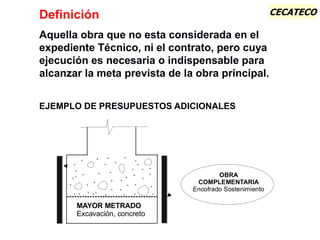 CECATECODefinición
Aquella obra que no esta considerada en el
expediente Técnico, ni el contrato, pero cuya
ejecución es necesaria o indispensable para
alcanzar la meta prevista de la obra principal.
EJEMPLO DE PRESUPUESTOS ADICIONALES
MAYOR METRADO
Excavación, concreto
OBRA
COMPLEMENTARIA
Encofrado Sostenimiento
 