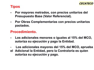 CECATECO
Tipos
- Por mayores metrados, con precios unitarios del
Presupuesto Base (Valor Referencial).
- Por Obras Complementarias con precios unitarios
pactados.
Procedimiento.
- Los adicionales menores o iguales al 15% del MCO,
autoriza su ejecución y pago la Entidad.
- Los adicionales mayores del 15% del MCO, aprueba
el Adicional la Entidad, pero la Contraloría es quien
autoriza su ejecución y pago.
 