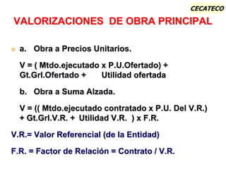 CECATECO
 a. Obra a Precios Unitarios.
V = ( Mtdo.ejecutado x P.U.Ofertado) +
Gt.Grl.Ofertado + Utilidad ofertada
b. Obra a Suma Alzada.
V = (( Mtdo.ejecutado contratado x P.U. Del V.R.)
+ Gt.Grl.V.R. + Utilidad V.R. ) x F.R.
V.R.= Valor Referencial (de la Entidad)
F.R. = Factor de Relación = Contrato / V.R.
VALORIZACIONES DE OBRA PRINCIPAL
 