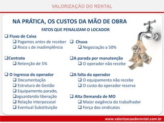 VALORIZAÇÃO DO RENTAL
www.valorizacaodorental.com.br
FATOS QUE PENALIZAM O LOCADOR
 Fluxo de Caixa
 Pagamos antes de receber
 Risco s de inadimplência
Contrato
 Retenção de 5%
 O ingresso do operador
 Documentação
 Estrutura de Gestão
 Equipamento parado,
aguardando liberação
 Relação interpessoal
 Eventual Substituição
NA PRÁTICA, OS CUSTOS DA MÃO DE OBRA
 Chuva
 Negociação a 50%
A parada por manutenção
 O operador não recebe
A falta do operador
 O equipamento não recebe
 O custo do operador reserva
 Alta Demanda de MO
 Maior exigência do trabalhador
 Força dos sindicatos
 