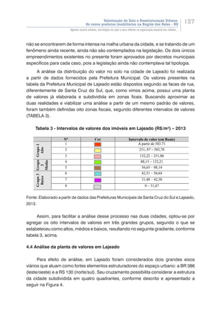 Valorização do Solo e Reestruturação Urbana:
Os novos produtos imobiliários na Região dos Vales - RS
157
Agentes sociais urbanos, estratégias de ação e seus reflexos na organização espacial das cidades...
não se encontrarem de forma intensa na malha urbana da cidade, e se tratando de um
fenômeno ainda recente, ainda não são contemplados na legislação. Os dois únicos
empreendimentos existentes no presente foram aprovados por decretos municipais
específicos para cada caso, pois a legislação ainda não contemplava tal tipologia.
A análise da distribuição do valor no solo na cidade de Lajeado foi realizada
a partir de dados fornecidos pela Prefeitura Municipal. Os valores presentes na
tabela da Prefeitura Municipal de Lajeado estão dispostos segundo as faces de rua,
diferentemente de Santa Cruz do Sul, que, como vimos acima, possui uma planta
de valores já elaborada e subdividida em zonas ficais. Buscando aproximar as
duas realidades e viabilizar uma análise a partir de um mesmo padrão de valores,
foram também definidas oito zonas fiscais, segundo diferentes intervalos de valores
(TABELA 3).
Tabela 3 - Intervalos de valores dos imóveis em Lajeado (R$/m²) – 2013
Fonte: Elaborado a partir de dados das Prefeituras Municipais de Santa Cruz do Sul e Lajeado,
2013.
Assim, para facilitar a análise desse processo nas duas cidades, optou-se por
agregar os oito intervalos de valores em três grandes grupos, segundo o que se
estabeleceu como altos, médios e baixos, resultando no seguinte gradiente, conforme
tabela 3, acima.
4.4 Análise da planta de valores em Lajeado
Para efeito de análise, em Lajeado foram considerados dois grandes eixos
viários que atuam como fortes elementos estruturadores do espaço urbano: a BR 386
(leste/oeste) e a RS 130 (norte/sul). Seu cruzamento possibilita considerar a estrutura
da cidade subdividida em quatro quadrantes, conforme descrito e apresentado a
seguir na Figura 4.
 