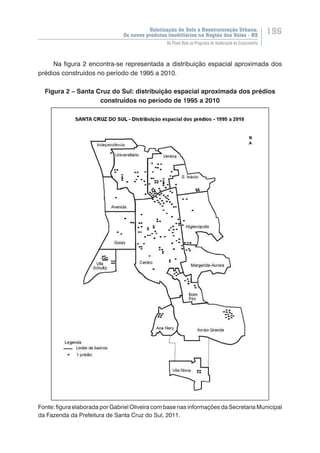 Valorização do Solo e Reestruturação Urbana:
Os novos produtos imobiliários na Região dos Vales - RS
196
Do Plano Real ao Programa de Aceleração do Crescimento
Na figura 2 encontra-se representada a distribuição espacial aproximada dos
prédios construídos no período de 1995 a 2010.
Figura 2 – Santa Cruz do Sul: distribuição espacial aproximada dos prédios
construídos no período de 1995 a 2010
Fonte: figura elaborada por Gabriel Oliveira com base nas informações da Secretaria Municipal
da Fazenda da Prefeitura de Santa Cruz do Sul, 2011.
 