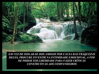 EM VEZ DE ISOLAR-SE DOS AMIGOS POR CAUSA DAS FRAQUEZAS DELES, PROCURE INVESTIR NA INTIMIDADE EMOCIONAL, A FIM DE PODER TER LIBERDADE PARA FAZER CRÍTICAS CONSTRUTIVAS AOS COMPANHEIROS 