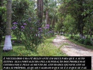 É NECESSÁRIO UMA FÉ RELEVANTE EM DEUS PARA QUE A AUTO ESTIMA  SEJA FORTALECIDA PELA SUPERAÇÃO DOS PROBLEMAS COTIDIANOS E PELO AUMENTO DE ATIVIDADES SIGNIFICATIVAS PARA SI PRÓPRIO, AS QUAIS VALIDAM O QUE SE É E O QUE SE FAZ. 