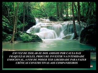 EM VEZ DE ISOLAR-SE DOS AMIGOS POR CAUSA DAS FRAQUEZAS DELES, PROCURE INVESTIR NA INTIMIDADE EMOCIONAL, A FIM DE PODER TER LIBERDADE PARA FAZER CRÍTICAS CONSTRUTIVAS AOS COMPANHEIROS