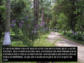 É NECESSÁRIO UMA FÉ RELEVANTE EM DEUS PARA QUE A AUTO ESTIMA  SEJA FORTALECIDA PELA SUPERAÇÃO DOS PROBLEMASCOTIDIANOS E PELO AUMENTO DE ATIVIDADES SIGNIFICATIVAS PARA SI PRÓPRIO, AS QUAIS VALIDAM O QUE SE É E O QUE SE FAZ.
