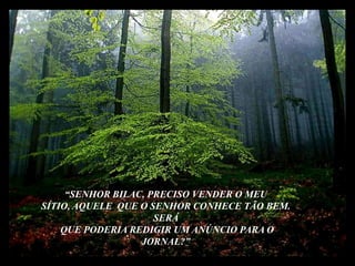 “SENHOR BILAC, PRECISO VENDER O MEU SÍTIO, AQUELE  QUE O SENHOR CONHECE TÃO BEM. SERÁ QUE PODERIA REDIGIR UM ANÚNCIO PARA O JORNAL?”