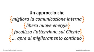 Empowering Meaningful Innovation www.lucaleonardini.com
Un approccio che
migliora la comunicazione interna
libera nuove energie
focalizza l’attenzione sul Cliente
... apre al miglioramento continuo
}{
}{
}{
}{
 