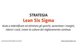 Empowering Meaningful Innovation www.lucaleonardini.com
Aiuta a indentiﬁcare ed eliminare gli sprechi, aumentare i margini,
ridurre i costi, creare la cultura del miglioramento continuo.
STRATEGIA
Lean Six Sigma
 