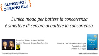 Empowering Meaningful Innovation www.lucaleonardini.com
SLINGSHOT
OCEANO BLU}
{
Autori: W. Chan Kim e Renée Mauborgne
Pubblicato nel 2005
Tradotto in 37 lingue
L’unico modo per battere la concorrenza
è smettere di cercare di battere la concorrenza.
Secondi nel Thinkers50 Award del 2011
Primi nel Thinkers50 Strategy Award del 2011
 
