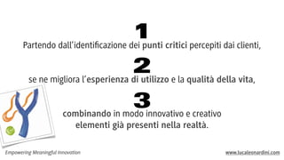 Empowering Meaningful Innovation www.lucaleonardini.com
1
2
3
Partendo dall’identiﬁcazione dei punti critici percepiti dai clienti,
se ne migliora l’esperienza di utilizzo e la qualità della vita,
combinando in modo innovativo e creativo
elementi già presenti nella realtà.
 