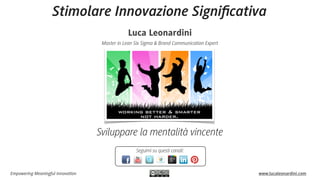 Empowering Meaningful Innovation www.lucaleonardini.com
Sviluppare la mentalità vincente
Seguimi su questi canali:
Stimolare Innovazione Signiﬁcativa
Luca Leonardini
Master in Lean Six Sigma & Brand Communication Expert
 