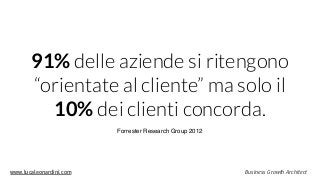 www.lucaleonardini.com Business Growth Architect
91% delle aziende si ritengono
“orientate al cliente” ma solo il  
10% dei clienti concorda.
Forrester Research Group 2012
 