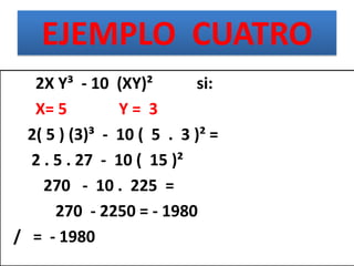 EJEMPLO CUATRO
2X Y³ - 10 (XY)² si:
X= 5 Y = 3
2( 5 ) (3)³ - 10 ( 5 . 3 )² =
2 . 5 . 27 - 10 ( 15 )²
270 - 10 . 225 =
270 - 2250 = - 1980
R/ = - 1980
 