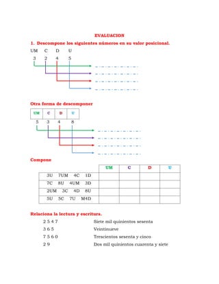 EVALUACION
1. Descompone los siguientes números en su valor posicional.
UM C D U
3 2 4 5
2000
300
50
6
2356
Otra forma de descomponer
UM C D U
5 3 4 8
Compone
UM C D U
3U 7UM 4C 1D
7C 8U 4UM 3D
2UM 3C 4D 8U
5U 5C 7U M4D
Relaciona la lectura y escritura.
2 5 4 7 Siete mil quinientos sesenta
3 6 5 Veintinueve
7 5 6 0 Trescientos sesenta y cinco
2 9 Dos mil quinientos cuarenta y siete
 