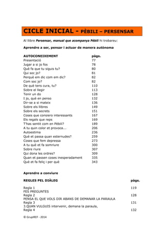 CICLE INICIAL - PÈBILI – PERSENSAR 
Al llibre Persensar, manual que acompanya Pèbili hi trobareu: 
Aprendre a ser, pensar i actuar de manera autònoma 
AUTOCONEIXEMENT pàgs. 
Presentació 77 
Jugar a si jo fos 78 
Què fa que tu siguis tu? 80 
Qui soc jo? 81 
Perquè em dic com em dic? 82 
Com soc jo? 82 
De què tens cura, tu? 110 
Sobre el llegir 113 
Tenir un do 128 
I jo, què en penso 132 
Dir-se a si mateix 136 
Sobre els llibres 149 
Sobre els secrets 151 
Coses que consiero interessants 167 
Els regals que reps 169 
T’has sentit com en Pèbili? 189 
A tu quin color et provoca... 206 
Autoestima 236 
Què et passa quan esternudes? 259 
Coses que fem depressa 273 
A tu què et fa somriure 300 
Sobre riure 307 
Qui dona les ordres? 309 
Quan et passen coses inesperadament 335 
Què et fa feliç i per què 343 
Aprendre a conviure 
REGLES PEL DIÀLEG pàgs. 
Regla 1 119 
FES PREGUNTES 
Regla 2 128 
PENSA EL QUE VOLS DIR ABANS DE DEMANAR LA PARAULA 
Regla 3 131 
3.QUAN VULGUIS intervenir, demana la paraula, 
Regla 4 132 © GrupIREF ‐ 2014 
 