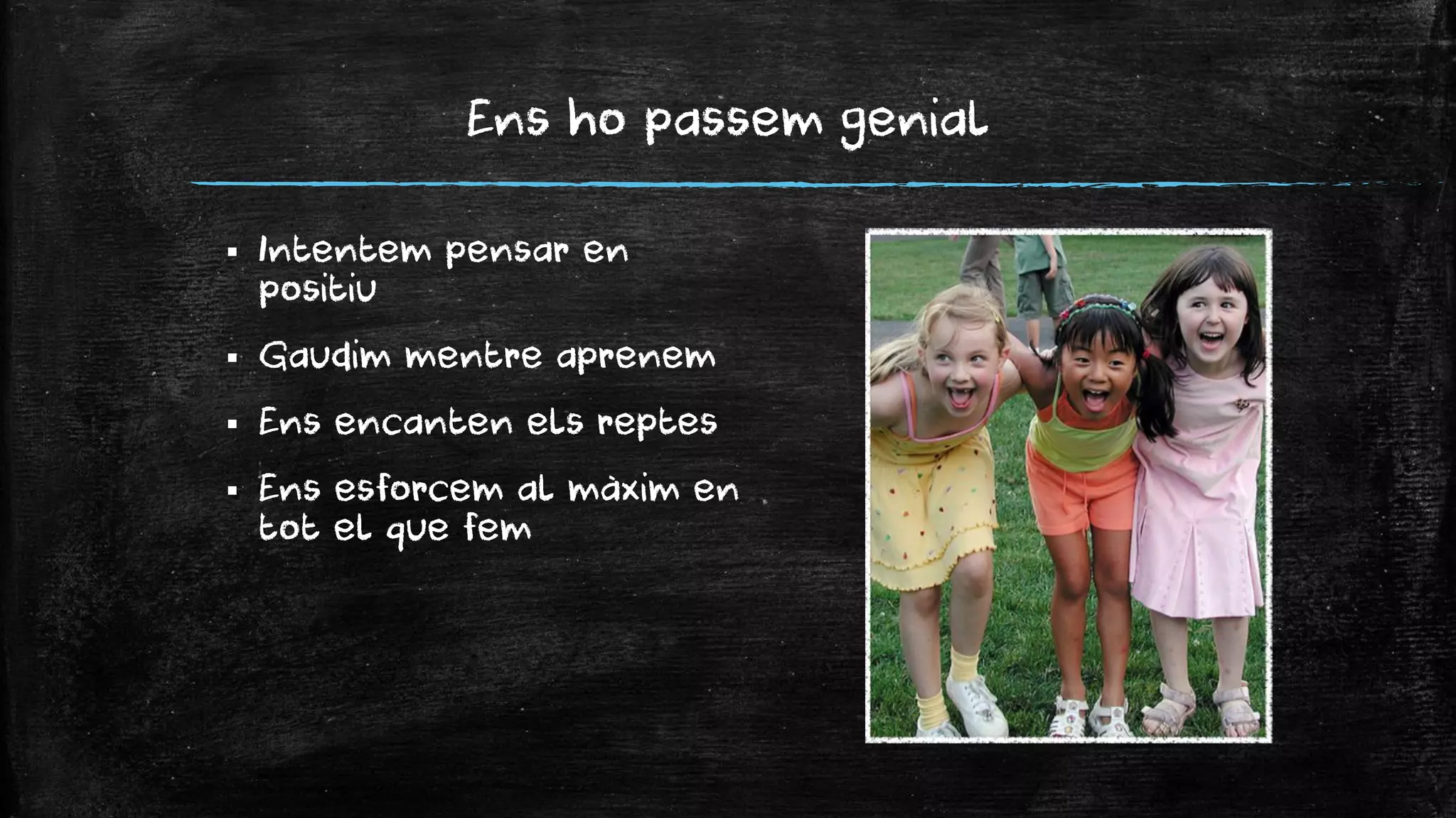 Ens ho passem genial 
Intentem pensar en positiu 
Gaudim mentre aprenem 
Ens encanten els reptes 
Ens esforcem al màxim en tot el que fem  