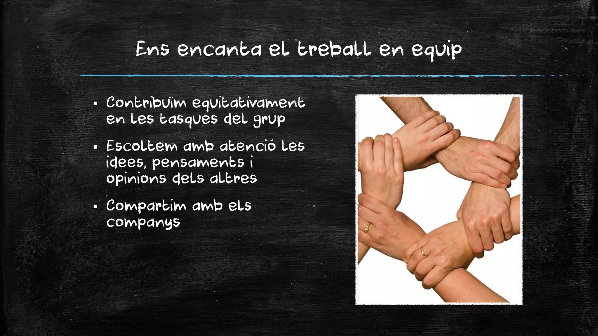 Ens encanta el treball en equip 
Contribuïm equitativament en les tasques del grup 
Escoltem amb atenció les idees, pensaments i opinions dels altres 
Compartim amb els companys  