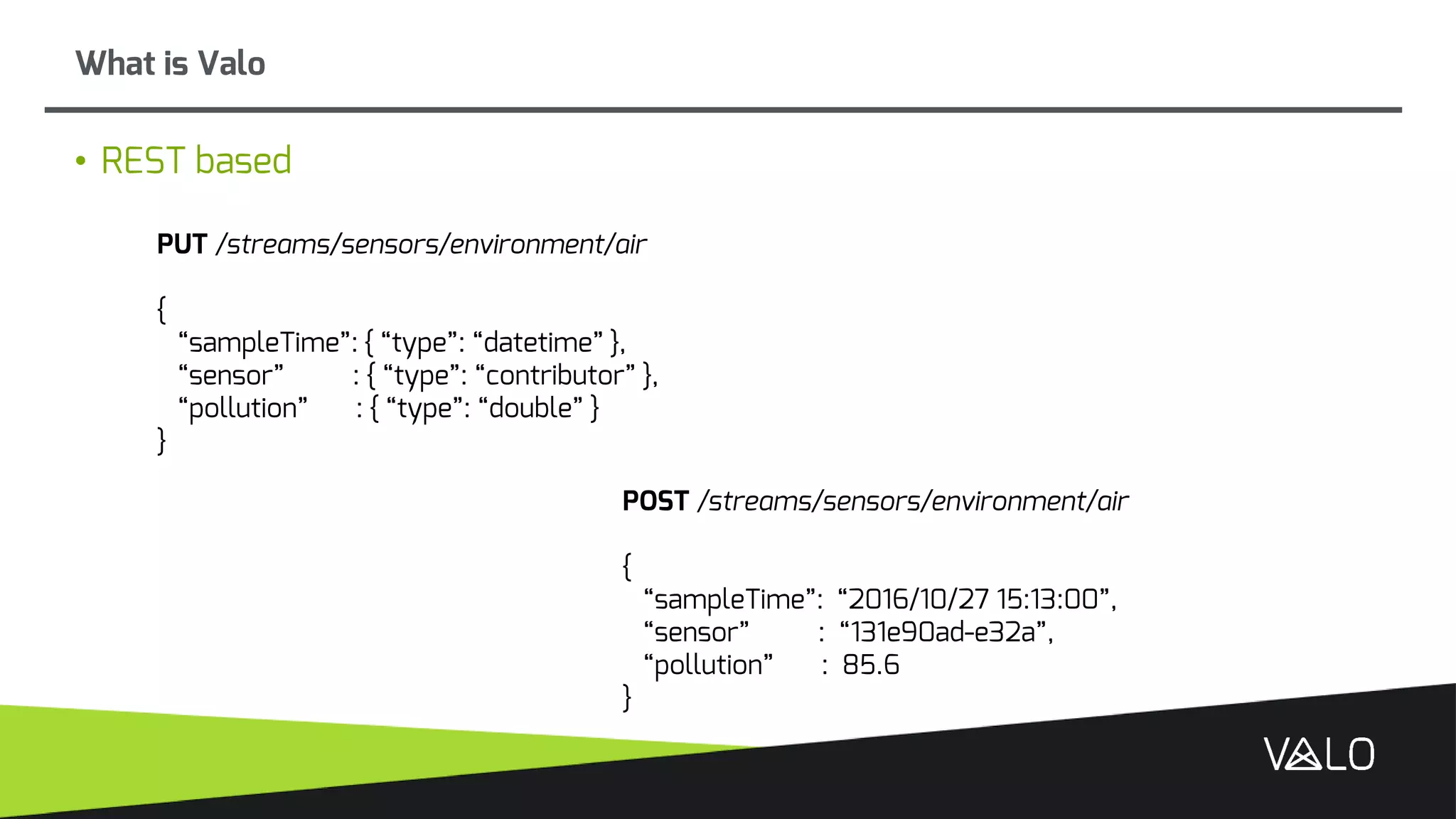 • REST based
What is Valo
PUT /streams/sensors/environment/air
{
“sampleTime”: { “type”: “datetime” },
“sensor” : { “type”: “contributor” },
“pollution” : { “type”: “double” }
}
POST /streams/sensors/environment/air
{
“sampleTime”: “2016/10/27 15:13:00”,
“sensor” : “131e90ad-e32a”,
“pollution” : 85.6
}
 