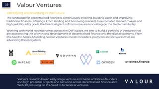 19 Valour Ventures
Valour’s research-based early-stage venture arm backs ambitious founders
and high potential projects and networks across decentralised finance and
Web 3.0, focusing on Pre-Seed to to Series A ventures.
The landscape for decentralised finance is continuously evolving, building upon and improving
traditional financial offerings. From lending and borrowing markets to automated market makers and
high yield liquidity pools, the financial giants of tomorrow are innovating on the blockchain today.
Working with world leading names across the DeFi space, we aim to build a portfolio of ventures that
are accelerating the growth and development of decentralised finance and the digital economy. From
Pre-Seed to Series-A funding, Valour Ventures invests in leaders, protocols and networks that are
advancing the ecosystem.
1
9
Identifying and Investing in the Future
 