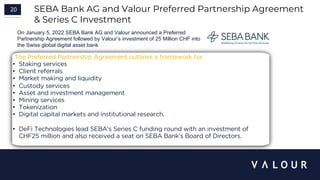 20 SEBA Bank AG and Valour Preferred Partnership Agreement
& Series C Investment
The Preferred Partnership Agreement outlines a framework for:
• Staking services
• Client referrals
• Market making and liquidity
• Custody services
• Asset and investment management
• Mining services
• Tokenization
• Digital capital markets and institutional research.
• DeFi Technologies lead SEBA’s Series C funding round with an investment of
CHF25 million and also received a seat on SEBA Bank’s Board of Directors.
On January 5, 2022 SEBA Bank AG and Valour announced a Preferred
Partnership Agreement followed by Valour’s investment of 25 Million CHF into
the Swiss global digital asset bank
 