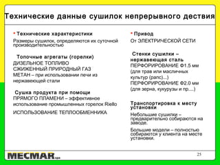 25
Технические данные сушилок непрерывного дествия
 Технические характеристики
Размеры сушилок, определяются их суточной
производительностью
Топочные агрегаты (горелки)
ДИЗЕЛЬНОЕ ТОПЛИВО
СЖИЖЕННЫЙ ПРИРОДНЫЙ ГАЗ
МЕТАН – при использовании печи из
нержавеющей стали
Сушка продукта при помощи
ПРЯМОГО ПЛАМЕНИ – эффективное
использование промышленных горелок Riello
ИСПОЛЬЗОВАНИЕ ТЕПЛООБМЕННИКА
 Привод
От ЭЛЕКТРИЧЕСКОЙ СЕТИ
Стенки сушилки –
нержавеющая сталь
ПЕРФОРИРОВАНИЕ Φ1.5 мм
(для трав или масличных
культур (рапс)...)
ПЕРФОРИРОВАНИЕ Φ2.0 мм
(для зерна, кукурузы и пр....)
Транспортировка к месту
установки
Небольшие сушилки –
предварительно собираются на
заводе.
Большие модели – полностью
собираются у клиента на месте
установки.
 