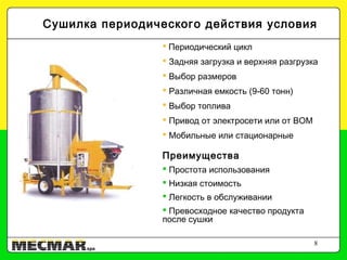 8
Преимущества
 Простота использования
 Низкая стоимость
 Легкость в обслуживании
 Превосходное качество продукта
после сушки
Сушилка периодического действия условия
 Периодический цикл
 Задняя загрузка и верхняя разгрузка
 Выбор размеров
 Различная емкость (9-60 тонн)
 Выбор топлива
 Привод от электросети или от ВОМ
 Мобильные или стационарные
 