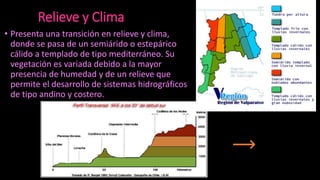 Relieve y Clima
• Presenta una transición en relieve y clima,
donde se pasa de un semiárido o estepárico
cálido a templado de tipo mediterráneo. Su
vegetación es variada debido a la mayor
presencia de humedad y de un relieve que
permite el desarrollo de sistemas hidrográficos
de tipo andino y costero.
 