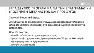 ΕΚΠΑΙΔΕΥΤΙΚΟ ΠΡΟΓΡΑΜΜΑ ΓΙΑ ΤΗΝ ΕΠΑΓΓΕΛΜΑΤΙΚΗ
ΥΠΟΣΤΗΡΙΞΗ ΜΕΤΑΝΑΣΤΩΝ ΚΑΙ ΠΡΟΣΦΥΓΩΝ
Συνολική διάρκεια 6 μέρες.
Απευθύνεται σε συμβούλους επαγγελματικού προσανατολισμού ή
άλλα άτομα που εμπλέκονται στη διαδικασία εύρεσης εργασίας για
μετανάστες.
Βασικές ενότητες:
 Μοντέλο ενδυνάμωσης της απασχολησιμότητας
 Πρώιμη ένταξη της εργασιακής δραστηριότητας παράλληλα με άλλη στήριξη
 Δεξιότητες σχετικές με αγορά εργασίας
 Χρήση της πληροφορικής
 