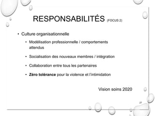 RESPONSABILITÉS (FOCUS 2)
• Culture organisationnelle
• Modélisation professionnelle / comportements
attendus
• Socialisat...